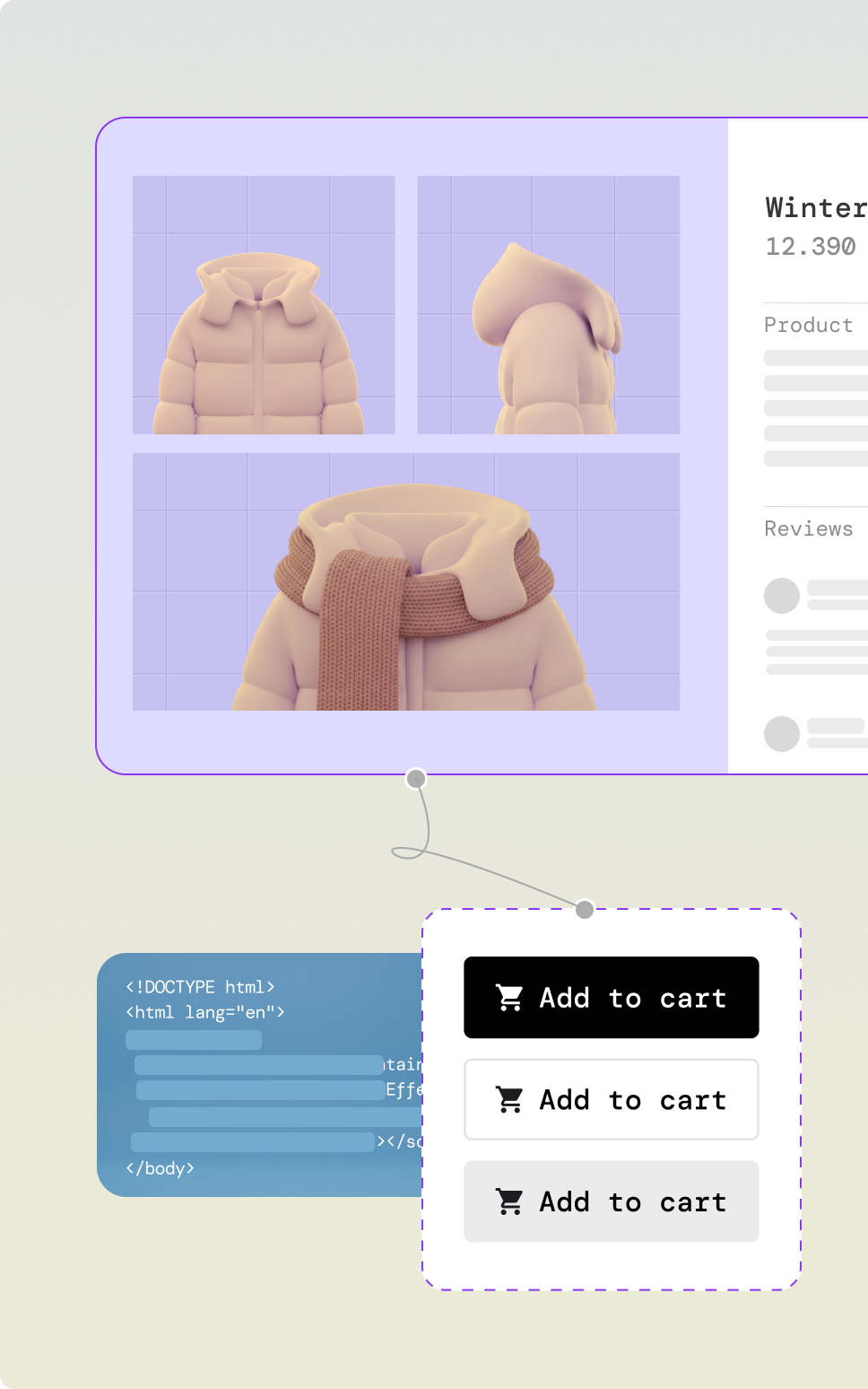 Sérsniðin vefþróun sem sýnir netverslunar vörusíður, kóðaritil og körfuíhluti